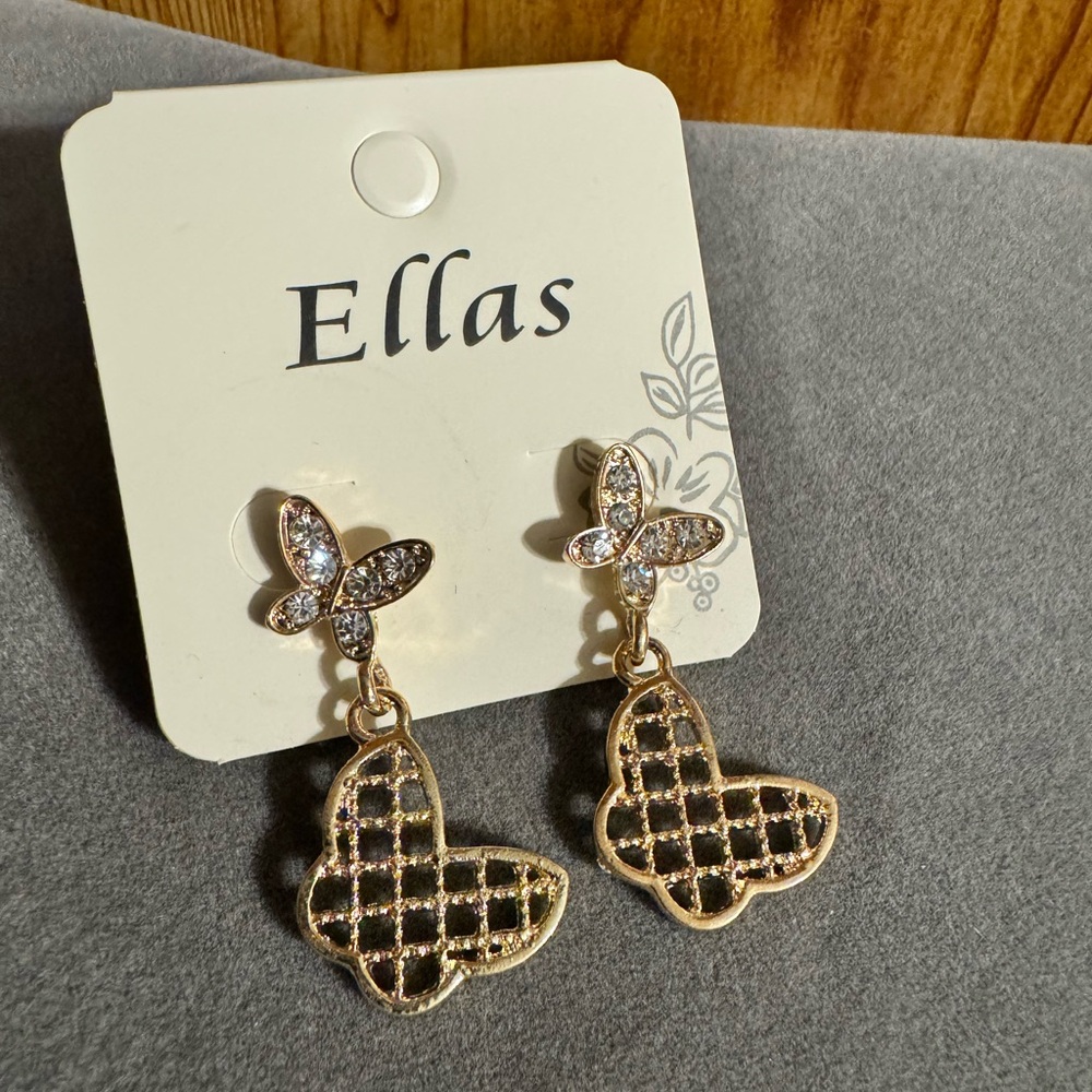 Ellas Gold Tone Rhinestone Butterfly Dangle Earrings